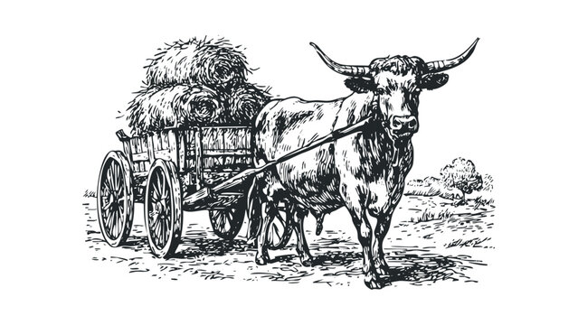 Ox pulling cart loaded with hay bales. Vector hand drawn illustration