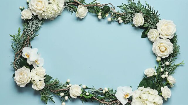 Floral wreath of white roses hydrangeas orchids foliage and berries on a light blue background