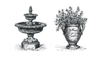 Ornate tiered fountain and decorative urn with foliage. Vector hand drawn illustration
