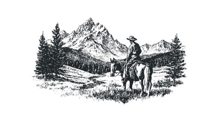 Obraz premium Lone cowboy on horseback surveys mountain vista in sketchy graphic style. Vector hand drawn illustration