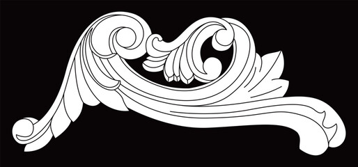 Fototapeta premium White decorative swirling plant pattern on black background for ornamental design.