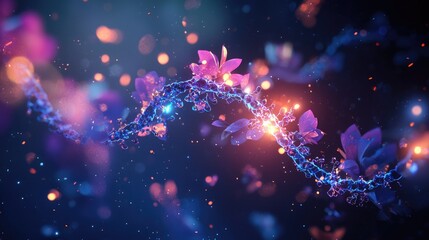 A scientific 3D illustration showing a strand of DNA being damaged or broken by alcohol molecules. The DNA strand should be detailed, glowing slightly blue 