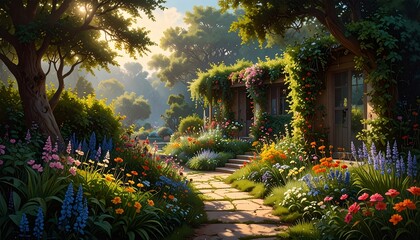 Enchanting Cottage Garden: A Serene Landscape of Lush Flowers and Verdant Foliage