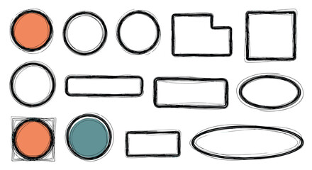 Hand-drawn shapes and frames create modern, versatile design elements for your projects