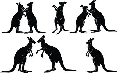 Kangaroo silhouette illustrations, boxing kangaroos, animal combat poses, wildlife vector graphics, sparring kangaroo art, black kangaroo shapes, dynamic marsupial interactions, nature icons