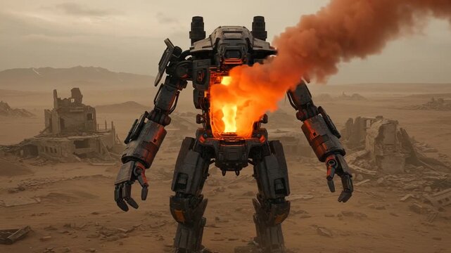 Giant robot emitting smoke in a desolate landscape