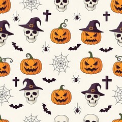 Halloween Pattern with Skulls, Pumpkins, Spiders, and Bats