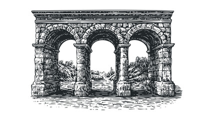 Fototapeta premium Vintage Archway Structure with Scenic Landscape View. Vector hand drawn illustration