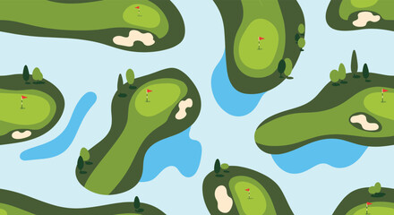 Naklejka premium Vibrant golf course holes with water hazards and flags, a stylish pattern for sports and leisure.