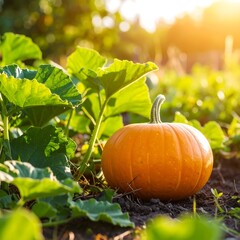 Ripe Pumpkin Growing in a Sunny Garden Surrounded by Lush Green Leaves.