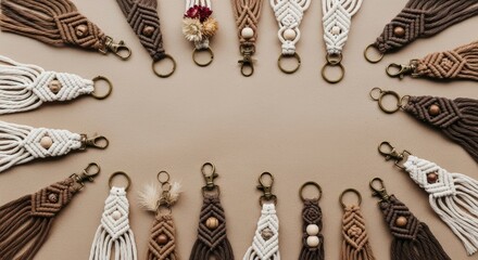 Handcrafted macrame keychains in natural tones displayed creatively for a unique bohemian decor