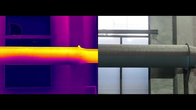 A video still contrasting a pipe's thermal imaging view on the left, showing heat distribution, with its standard visual appearance on the right.