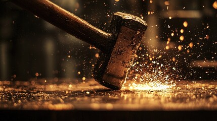 a super extreme close up shot of an old fashioned hammer head slamming down on a wooden workbench, onto a pool of liquid, sparks 