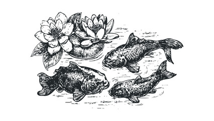 Three Carp Fish Swimming Near Water Lilies in Ink Sketch Style. Vector hand drawn illustration