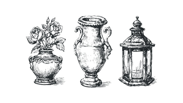 Vintage vase with roses and ornate lantern sketched on white. Vector hand drawn illustration