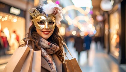 Enchanting woman in a gilded mask enjoys shopping bags in a vibrant retail space