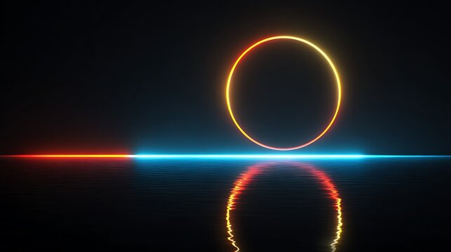 Glowing neon ring and horizontal light lines reflected on dark surface - Powered by Adobe