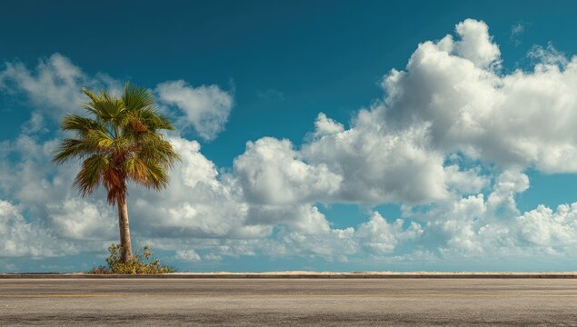 Lone palm tree on a sunny road by the sea under a bright blue sky with fluffy clouds