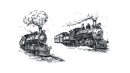 Two vintage steam locomotives with billowing smoke on transparent background. Vector hand drawn illustration