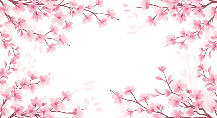 Fototapeta premium Delicate pink cherry blossoms frame a serene white space, evoking spring's gentle beauty and renewal.