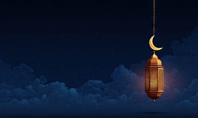 Obraz premium Glowing lantern and crescent moon hang against a night sky