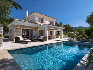 Luxury villa featuring inviting swimming pool and patio furniture
