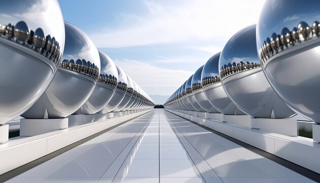 Modern metallic spherical structures aligned symmetrically under a bright blue sky