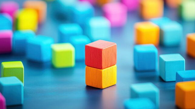 A colorful arrangement of wooden blocks on a blue surface, with a red block standing out from the others.