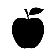 A simple black silhouette of a single apple with leaf and stem