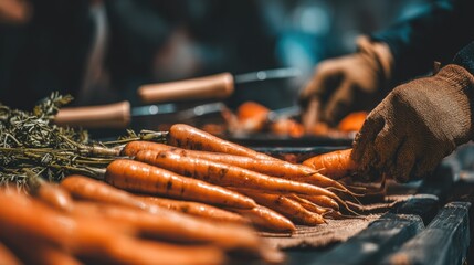 Medium shot showcasing colorful local organic vegetables being carefully selected with the farmers tools softly out of focus behind.
