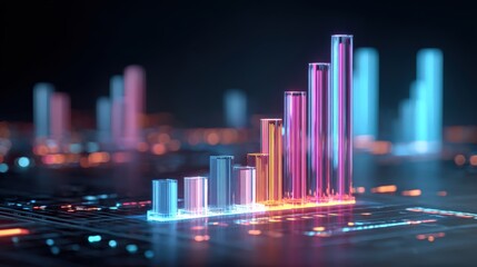 A visualization of business progress as a 3D bar graph in the style of data visualization, glowing with neon lights, in a dark background. ..Created with Generative AI, not depicting real subjects. © Anca