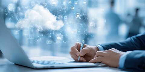 Businessperson working on a laptop with a cloud computing graphic overlay