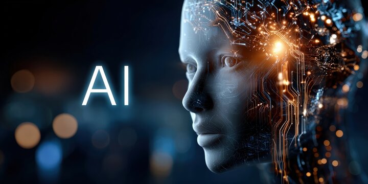 The face of AI emerges from the darkness, a blend of human and machine. representing the future of technology, intelligence. ..Created with Generative AI, not depicting real subjects.