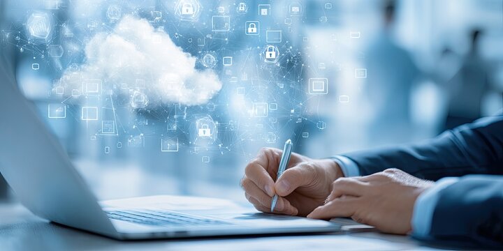 Businessperson working on a laptop with a cloud computing graphic overlay - Powered by Adobe