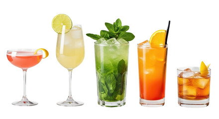 Assorted colorful cocktails isolated on transparent background in studio shot