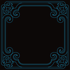 An intricate ornate frame design gracefully displays symmetrical swirling corner patterns.