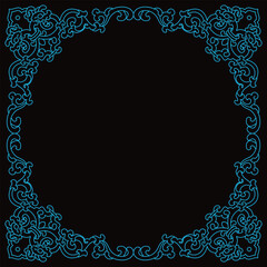 A blue ornamental scroll design forms an elegant decorative border.