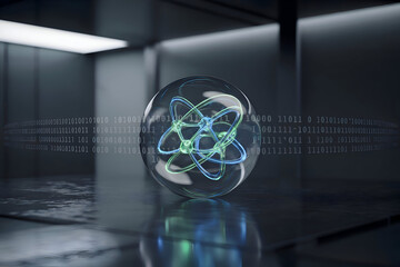 A photorealistic 3D render of a transparent glass sphere containing a glowing atom model. The atom is rendered in bright blue and green neon lines forming a classic atomic structure with orbiting elec