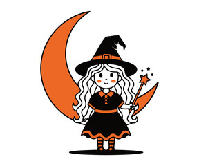 Little Witch Holding Wand in Front of Moon