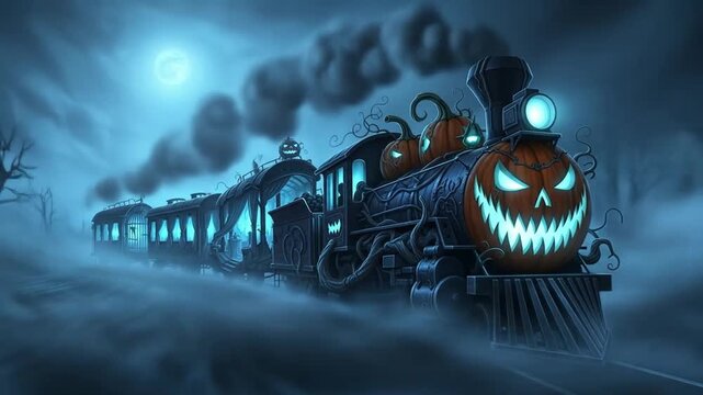 Spooky Halloween Pumpkin Train Hauntingly Traveling Through Foggy Night.