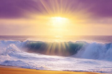 Fototapeta premium Vibrant sunset over crashing ocean waves on a sandy beach