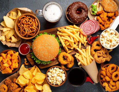 A delicious and indulgent overhead flat lay of assorted fast food and snacks, including a hamburger, french fries, beer, and donuts - Powered by Adobe