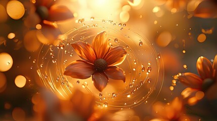 An enchanting view where petals and shimmering droplets are starting to spiral inward, slowly gathering toward an invisible central point. 