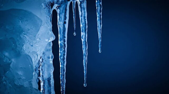 Jagged icicles glisten dripping against a blurred dark blue background showcasing the cold and the transition of melting ice