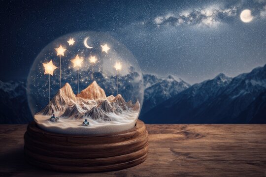 Miniature snow globe landscape on wooden surface, featuring a moonlit mountain range and shooting stars - Powered by Adobe