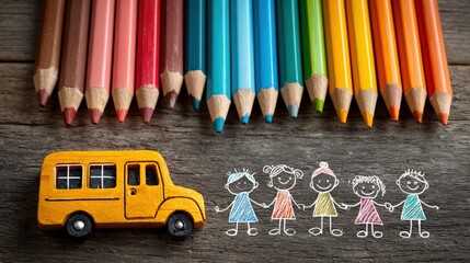 A colorful composition of learning and transportation, with a school bus, crayons, and friendly hand-drawn children. ..Created with Generative AI, not depicting real subjects.