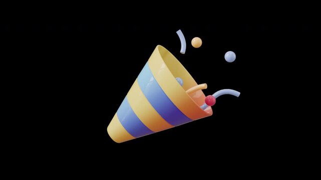 party popper with flying confetti shapes explosion alpha channel 3d render animation