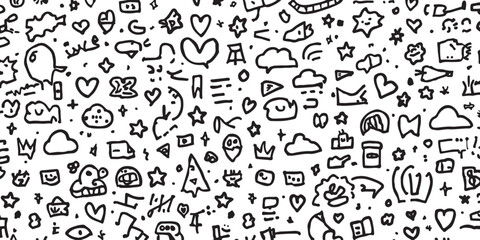 Naklejka premium Hand Drawn Doodle Seamless Pattern with Hearts Stars Clouds and Other Cute Icons Ideal for Wallpaper or Background