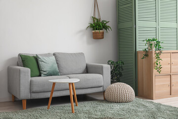 Sofa, pouf, chest of drawers and coffee table in interior of living room
