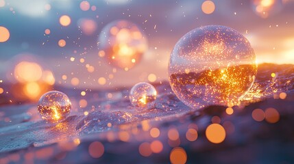 dreamlike abstract scene with glowing bokeh lights, soft orbs of light floating in the air, shallow depth of field, gentle warm tones, cinematic blur, aesthetic 